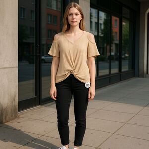 Rabbot Rose Top Tan Cold Shoulder Large